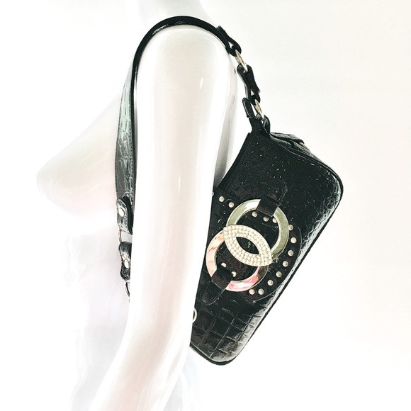 Black Aldo Spring rhinestone embellished faux lizard patent leather handbag - Picture 3 of 16